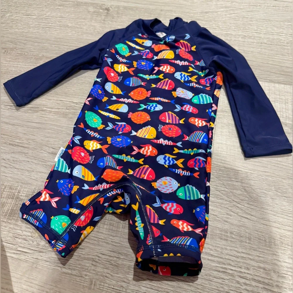 Kids Navy Fish-Print Long Sleeve Rashguard Swimsuit with Hat